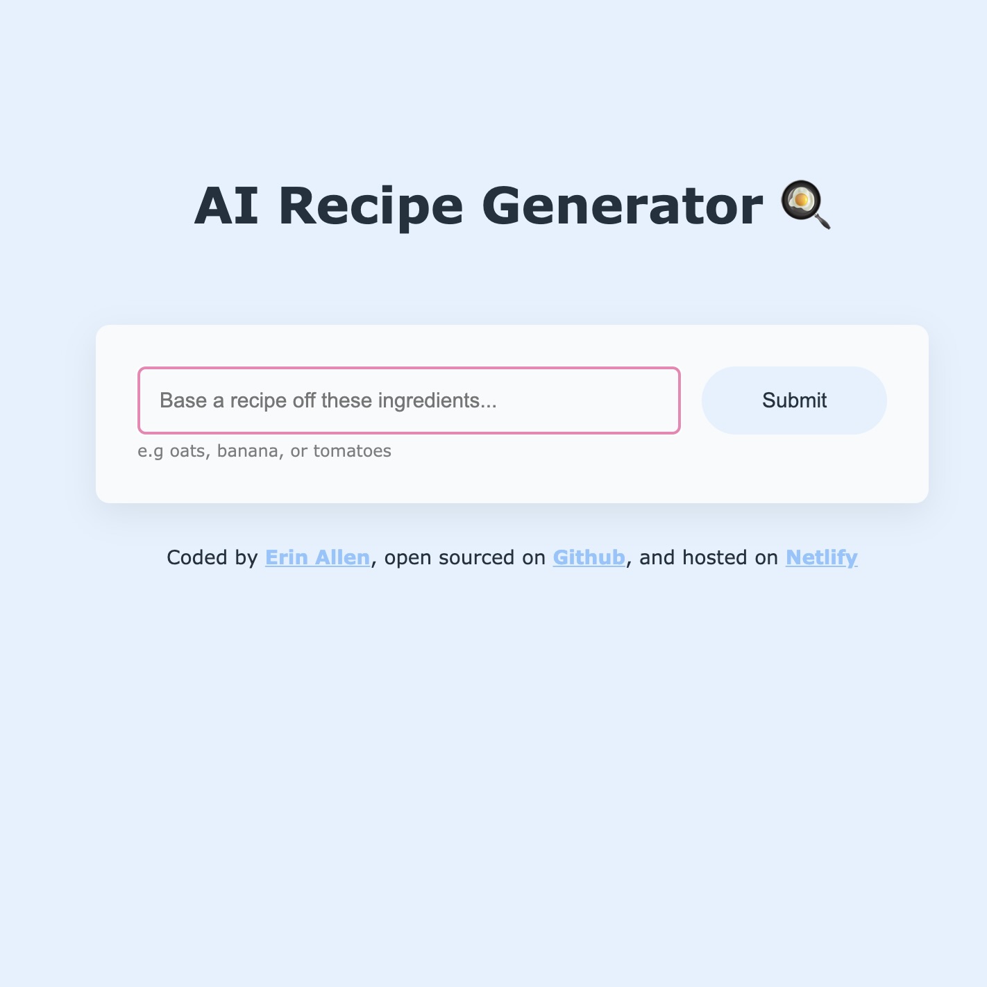 Recipe generator app screenshot